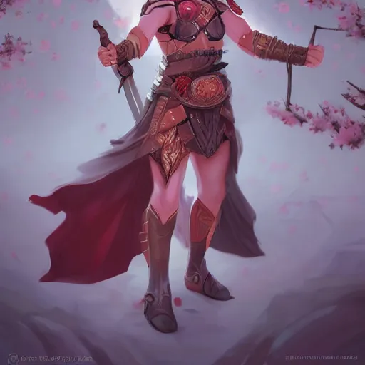 Image similar to - H 768 a zigmerian warrior in a cherry blossom field, Artgerm, artstation, digital art, sharp focus, high fantasy, illustration, D&D, pale colors