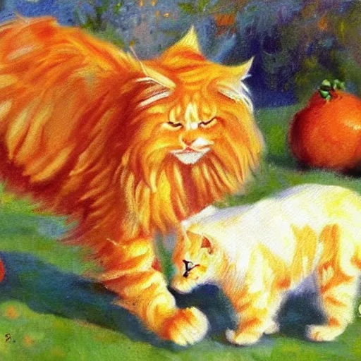 Image similar to beautiful impressionist painting of a orange maine coon with a white bears cooking some sausages on a pan