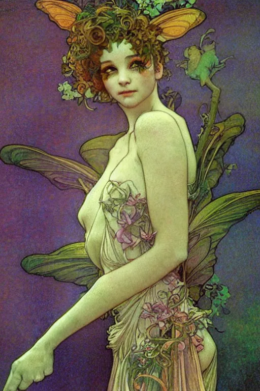 Image similar to a beautiful dressed faerie, detailed, rainbowshift, by maxfield parrish, alphonse mucha, brian froud