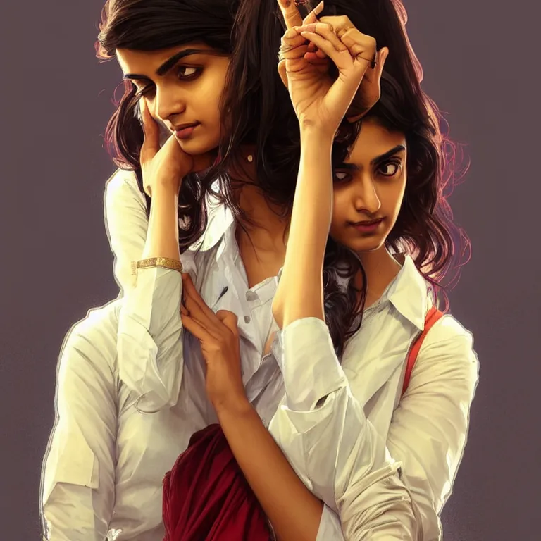 Image similar to Anxious pretty young Indian doctor in modern clothes waiting at the airport, portrait, sci-fi face, elegant, highly detailed, digital painting, artstation, concept art, smooth, sharp focus, illustration, art by artgerm and greg rutkowski and alphonse mucha