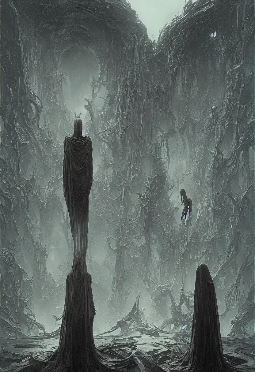Image similar to ominous figure standing at the opening of an interdimensional portal, by daniel - by greg rutkowski and raymond swanland hr giger and zdzislaw beksinski and alphonse mucha and moebius, matte painting, hyperdetailed, symmetry, art nouveau, beautiful render, concept art