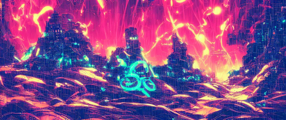 Prompt: great wave, cyberpunk, neon, dramatic lighting style of Laurie Greasley and Satoshi Kon + symmetric lights and smoke, psychedelic effects, glowing particles, neon rain, comic