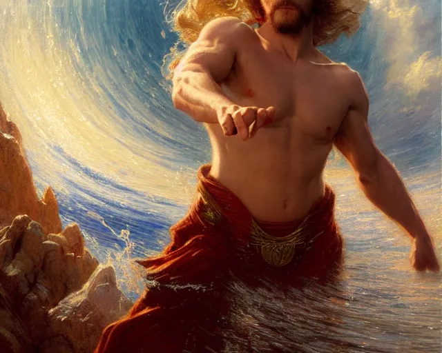 Image similar to attractive male wizard casting powerful giant tsunami spell in a beautiful lake. highly detailed painting by gaston bussiere, craig mullins, j. c. leyendecker 8 k