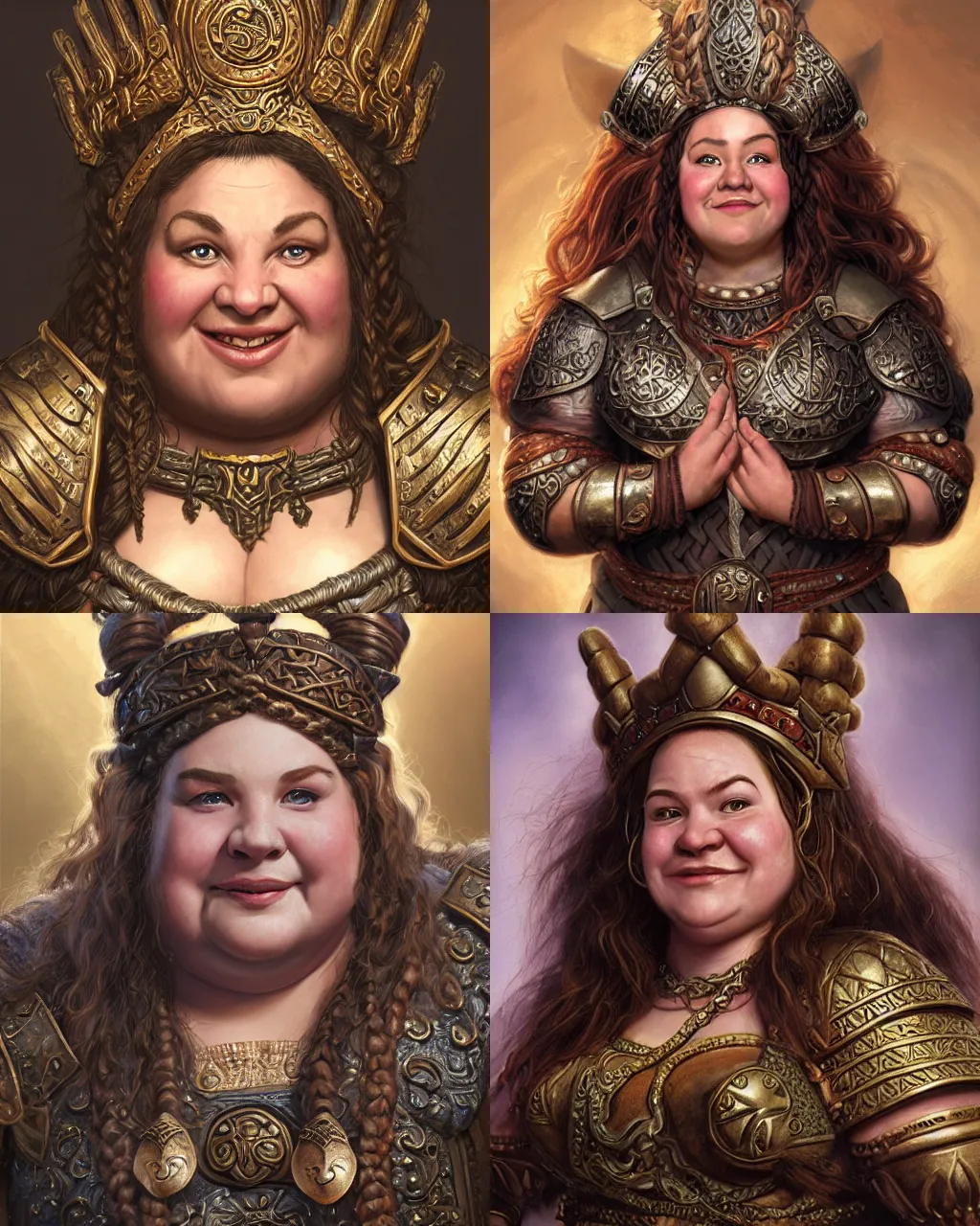 Prompt: portrait, chubby hearty benevolent female dwarf queen, bronze dwarven breastplate, complex braided hair, regal and proud robust woman, cheerful expression, big nose style by jeff easley, brian froud, jeff easley dramatic light, high detail, cinematic lighting, artstation, dungeons and dragons, throne room,