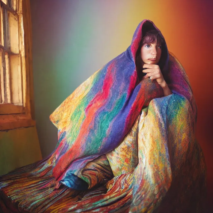 Image similar to closeup portrait of a woman with a cloak made of rainbows, sitting in a chair in an abandoned house, by Annie Leibovitz and Steve McCurry, natural light, detailed face, CANON Eos C300, ƒ1.8, 35mm, 8K, medium-format print