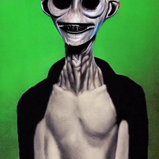 Prompt: a punk alien wearing Rick Owens clothing, an airbrush painting by Jamie Hewlett, cgsociety, symbolism, antichrist, aesthetic, 8k