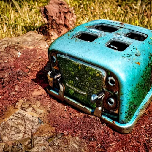 Image similar to an ancient toaster covered in detritus rust and moss after spending a century on abandoned earth