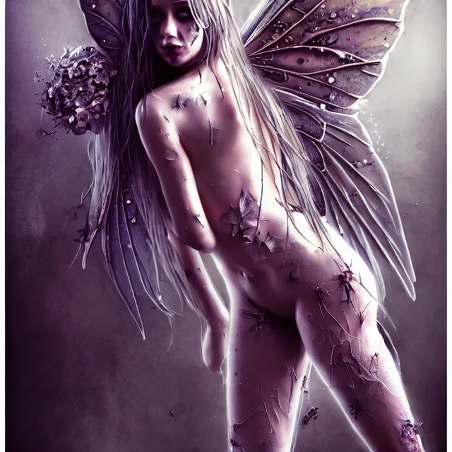 Prompt: full body pose, beautiful adult injured fairy, dirty, grungy, grunge, highly detailed, 4 k, hdr, smooth, sharp focus, high resolution, award - winning photo, artgerm, photorealistic