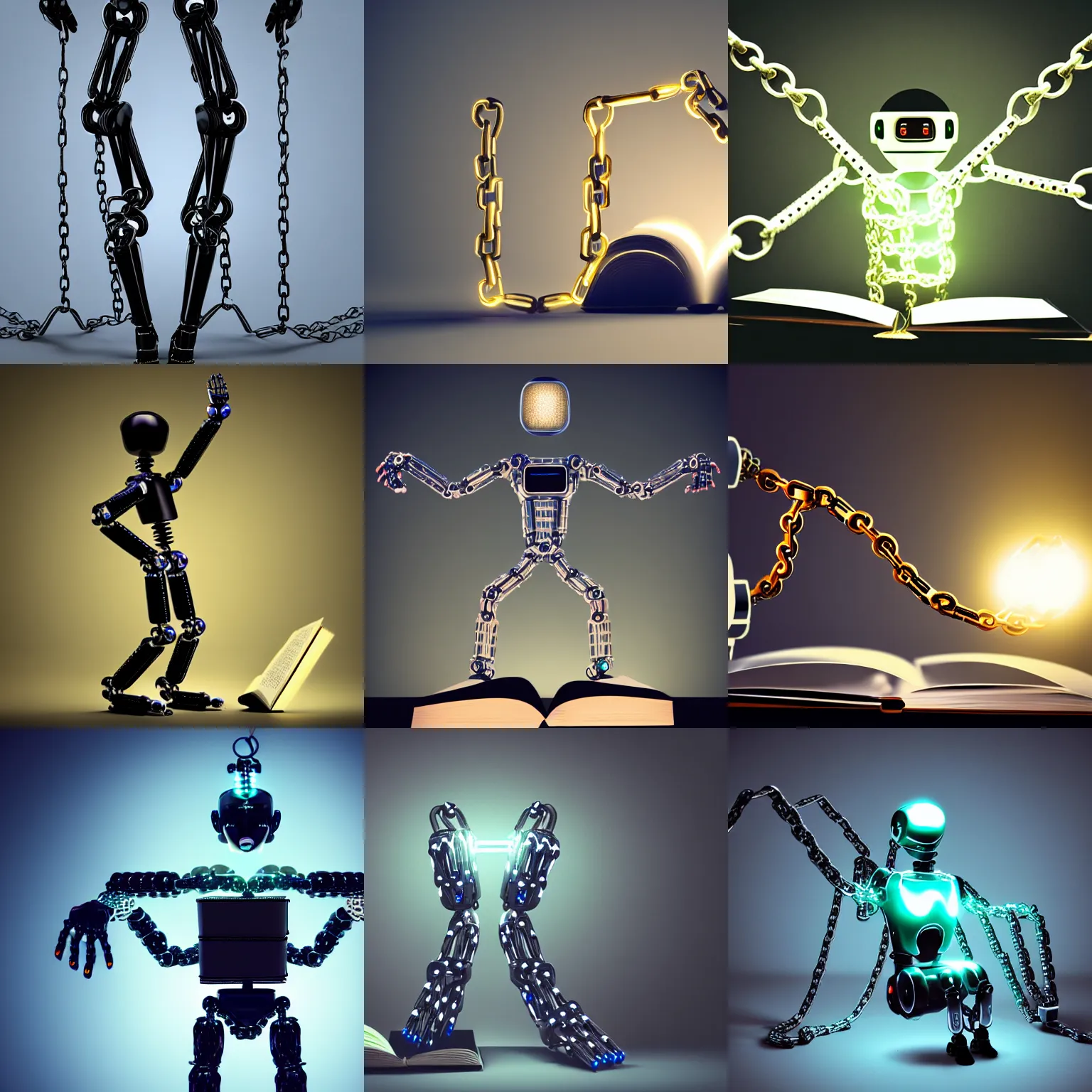 Prompt: chained robotic humanoid wearing chains reaching for glowing book