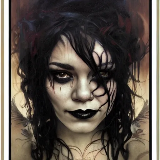 Image similar to beautiful portrait of vanessa hudgens as death from sandman, smiling, by cedric peyravernay, alphonse mucha, by jeremy mann, by lecouffe deharme, goth chic, tear tatoo, soft lightning, eyeliner, punk rock, high detailed, 8 k