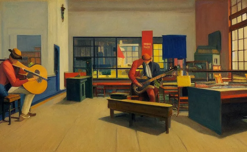 Image similar to the interior of a guitar store, painting by Edward Hopper, Wes Anderson