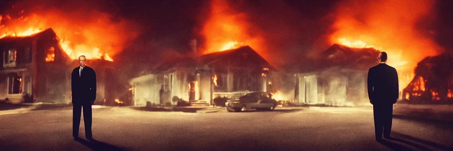 Prompt: detailed medium format photo, cinema still from movie lost highway, sleazy man watching night streets while a single house burns in the background, haze, americana, high production value, intricate details, 8 k resolution, hyperrealistic, hdr, photorealistic, high definition, tehnicolor, award - winning photography, masterpiece, amazing colors