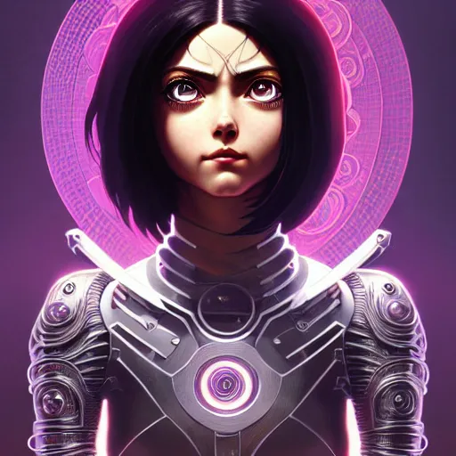 Image similar to Character Portrait of Battle Angel Alita surrounded by geometric nodes, face, fantasy, intricate, elegant, highly detailed, digital painting, artstation, concept art, smooth, sharp focus, illustration, art by Oscar Chichoni and Fernanda Suarez and Artem Demura and alphonse mucha