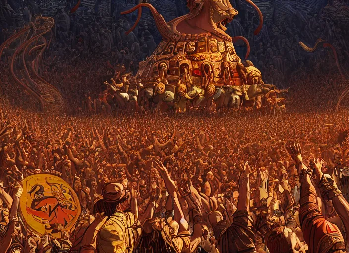 Prompt: a crowd of tribal men and women worshiping a giant golden calf, biblical, dramatic, insanely detailed, by dan mumford, yusuke murata, makoto shinkai, ross tran, intricate detail, cinematic, 8 k, featured on artstation, pixiv