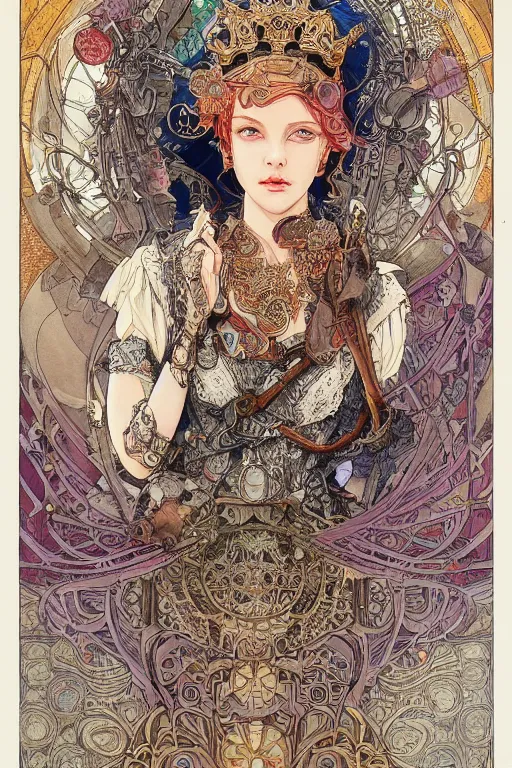 Prompt: zoomed out portrait of english princess, ornaments, stylized illustration by yoshitaka amano and moebius, watercolor gouache detailed paintings, mucha vibe, dieselpunk, solarpunk, artstation