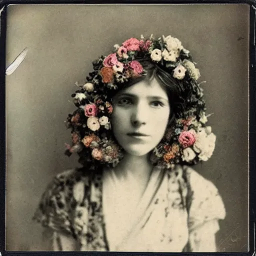 Image similar to portrait of a beautiful woman covered in flowers, 1910 polaroid photography,