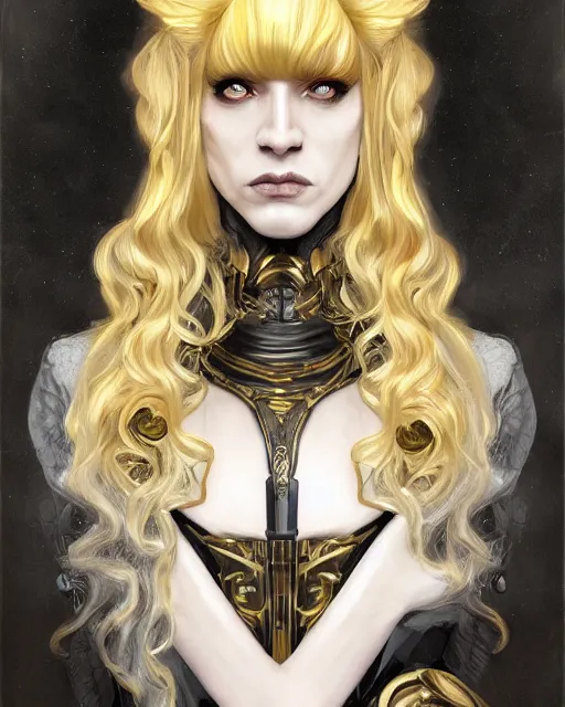 Image similar to Lucius as an androgynous albino prince in a black gilded obsidian bodysuit, long fluffy golden blonde curly hair, symmetrical center parted curtain bangs, digital painting, sci-fi setting, symmetrical features, Daniel Gerhartz, high detail intricate, artstation, WLOP, Artgerm, J. Scott Campbell; Olivia De Berardinis, Daniel Gerhartz, jack kirby, mysterious vibes