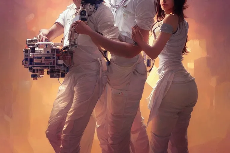 Image similar to Sensual good looking pale young Indian doctors wearing jeans partying in a space station above Earth performing surgery, portrait, elegant, intricate, digital painting, artstation, concept art, smooth, sharp focus, illustration, art by artgerm and greg rutkowski and alphonse mucha