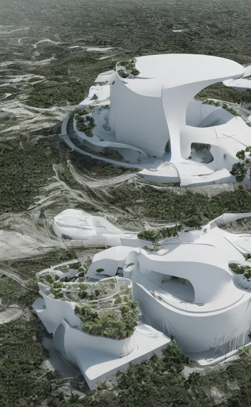 Prompt: bioremediation white architecture, in chuquicamata, epic, cinematic, hyperealistic, high detailed, corona render, hdr, ray tracing