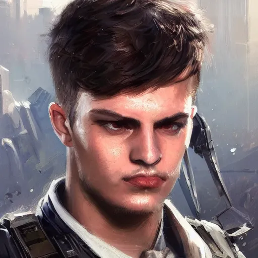 Image similar to Portrait of a man by Greg Rutkowski, he is about 20 years old, mixture turkish and russian, short dark blonde hair with bangs, attractive, angry but resigned look, he is wearing a futuristic tactical gear, highly detailed portrait, scifi, digital painting, artstation, concept art, smooth, sharp foccus ilustration, Artstation HQ.