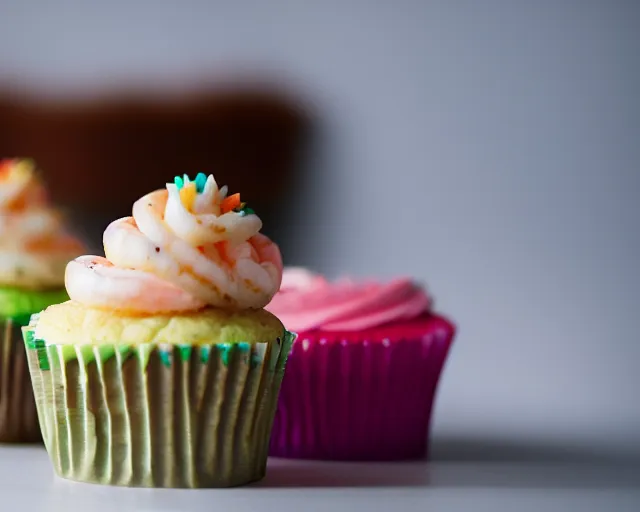 Prompt: dslr food photograph of a cupcake with colored frosting and a shrimp on top, 5 0 mm f 1. 4