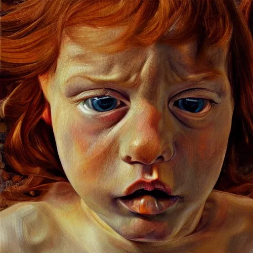 Image similar to high quality high detail painting by lucian freud, hd, ginger girl, angry, photorealistic lighting