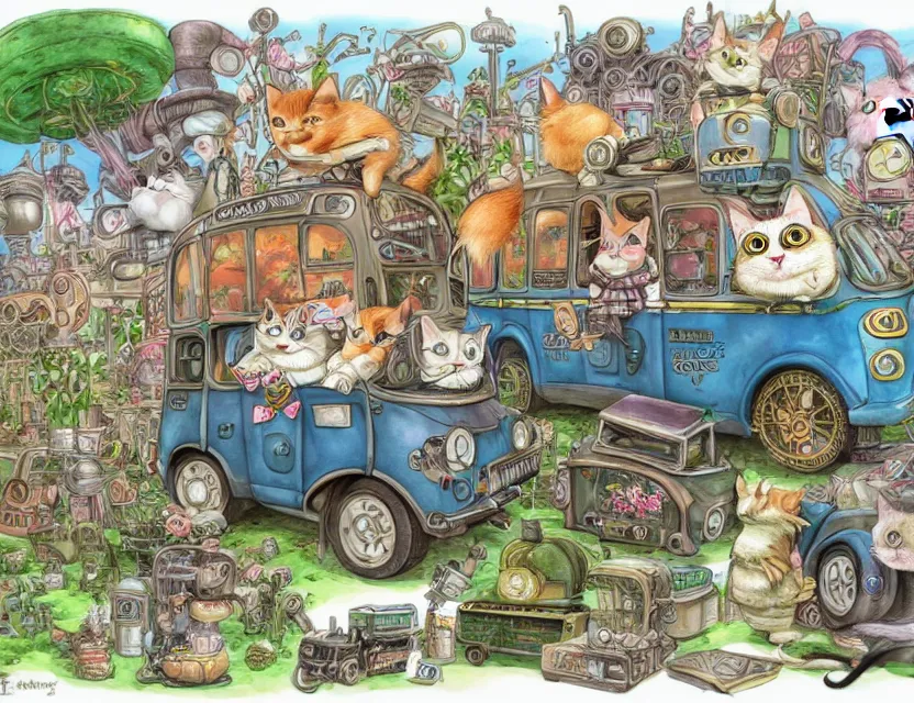 Image similar to cute and funny, a garden gnome driving a steampunk bus, a cat on the roof holding on, ratfink style by ed roth, centered award winning watercolor pen illustration, isometric illustration by chihiro iwasaki, edited by range murata, tiny details by artgerm and watercolor girl, sharply focused