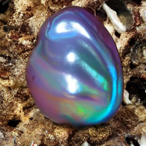 Prompt: a big iridescent glow pearl in a giant xenomorph slimy oyster,