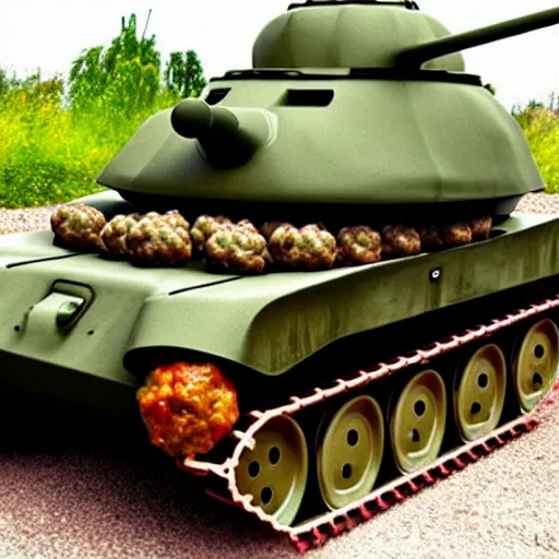 Image similar to a tank with meatballs instead of wheels