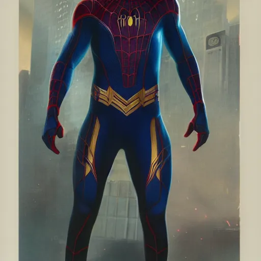 Image similar to ryan reynolds as a black and blue suit spider - man, cinematic, volumetric lighting, f 8 aperture, cinematic eastman 5 3 8 4 film, photorealistic by greg rutkowski, by stanley artgerm, by alphonse mucha