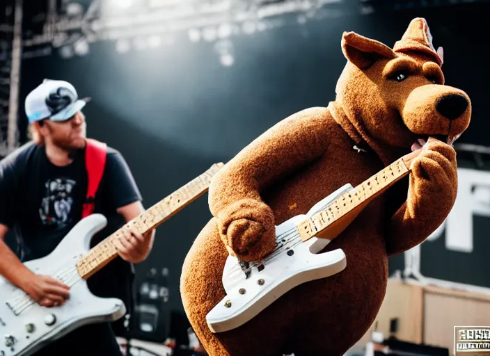 Image similar to photo still of mcgruff the crime dog on stage at vans warped tour!!!!!!!! at age 3 3 years old 3 3 years of age!!!!!!!! shredding on guitar, 8 k, 8 5 mm f 1. 8, studio lighting, rim light, right side key light