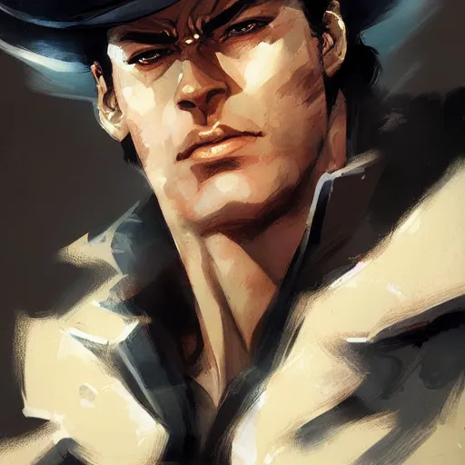 Image similar to jotaro kujo, closeup portrait art by greg rutkowski