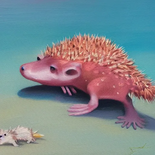 Image similar to an axolotl next to a hedgehog on a beach, oil painting, sunset lighting, 4 k