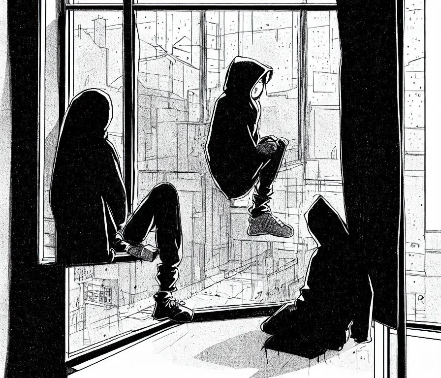 Prompt: sadie sink in hoodie, knees tucked in, sits on windowsill, | rain falls at night : b & w storyboard drawing, scifi cyberpunk. by gabriel hardman, joe alves, chris bonura. cinematic atmosphere, detailed and intricate, perfect anatomy