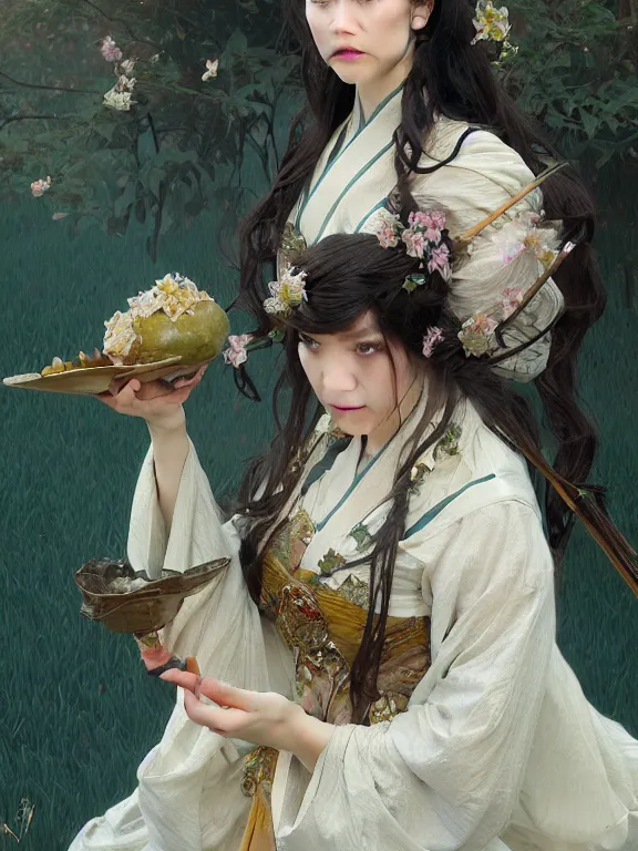 Prompt: portrait of a beautiful seductive slightly plump european girl wearing hanfu, farm background, fantasy, d & d, dark eyeliner, intricate, elegant, highly detailed, digital painting, artstation, concept art, matte, sharp focus, illustration, art by greg rutkowski and alphonse mucha