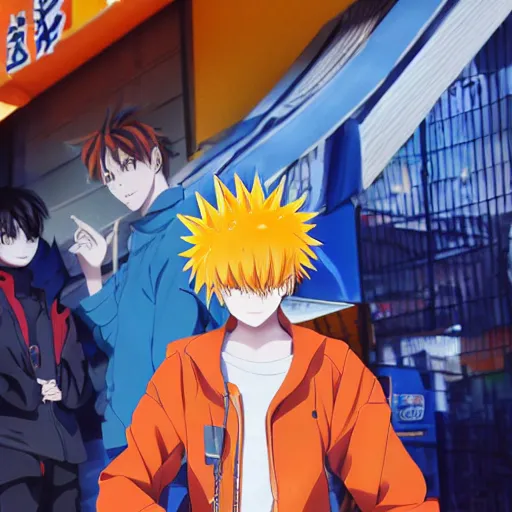 Image similar to orange - haired anime boy, 1 7 - year - old anime boy with wild spiky hair, wearing blue jacket, holding magical technological card, magic card, in front of ramen shop, strong lighting, strong shadows, vivid hues, raytracing, sharp details, subsurface scattering, intricate details, hd anime, 2 0 1 9 anime