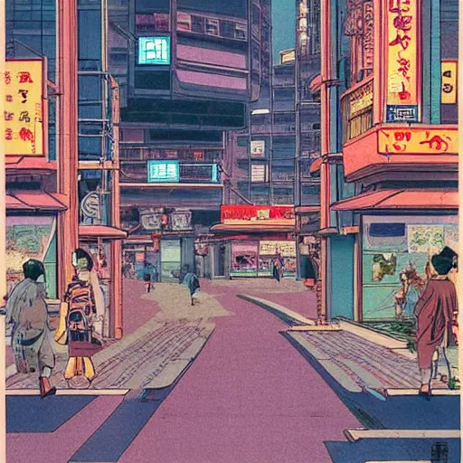 Image similar to 1979 travel magazine cover depicting a futuristic Japanese village at street level. Art in the style of Moebius, cyberpunk, masterpiece