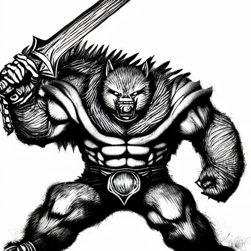 Prompt: Volibear (league of legends, 2009), artwork by kentaro miura, Kentaro Miura style, Berserk Style, High details, cinematic composition, manga, black and white ink style, a lot of details with ink shadows