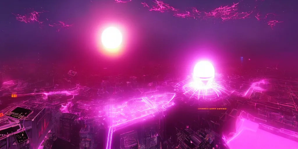 Prompt: nuclear explosion in the middle of tokyo, purple colors, in the combination of daft punk style and akira style, popular on artstation, unreal engine, drone photo, nvidia graphics,.
