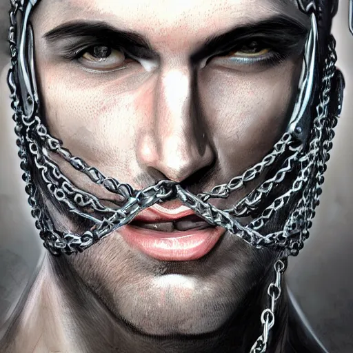 Image similar to realistic portrait, 30 year old man :: athletic, rough, angered :: short black hair :: chain mail :: high detail, digital art, RPG, concept art, illustration