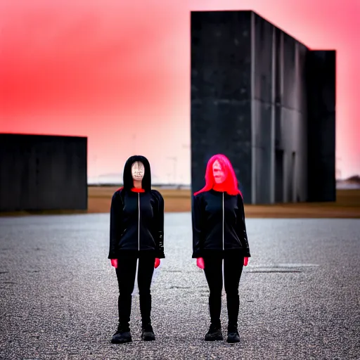 Image similar to photograph of 2 women wearing black techwear in front of a brutalist sharp - edged metal building, on a desolate plain, red eerie sky, sigma 8 5 mm f / 1. 4, 4 k, depth of field, high resolution, highly detailed, 4 k, 8 k, hd, full color