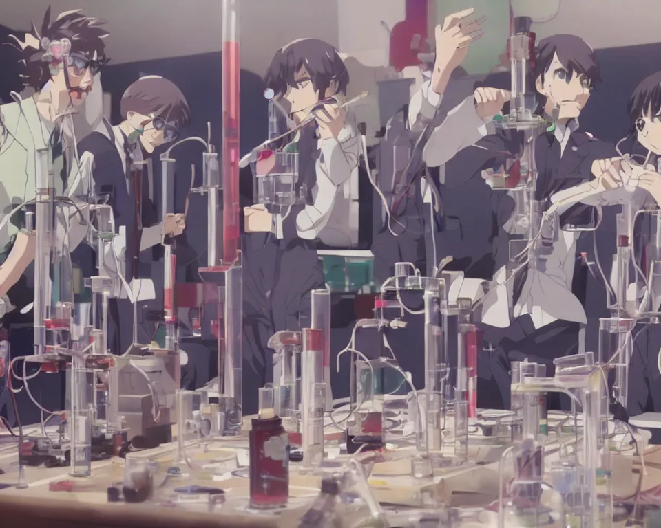 Image similar to anime still of reckless!!! whimsical! trippy scientists in a lab inventing, presentation, scattered tables overloaded with doomsday devices and beakers and test tubes, by makoto shinkai yoshinari yoh ilya kuvshinov