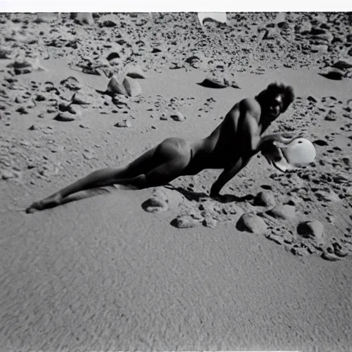 Prompt: the first giant canary on Mars bodysurfing in the first wave pool on Mars photo 1970s Polaroid