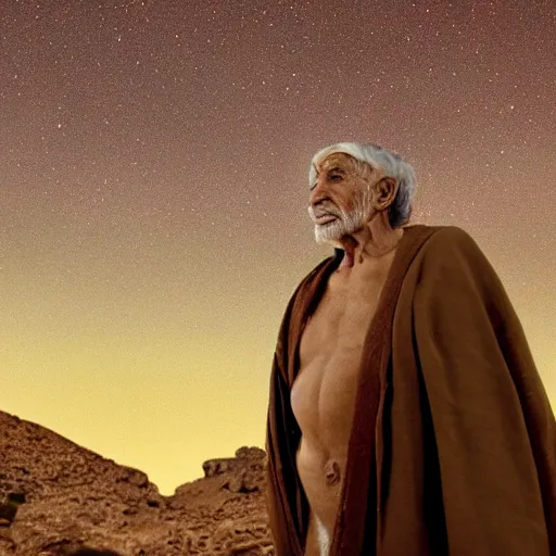 Image similar to film still of 80 year old Mediterranean skinned man in ancient Canaanite looking up at the nighttime sky, Biblical epic directed by Wes Anderson