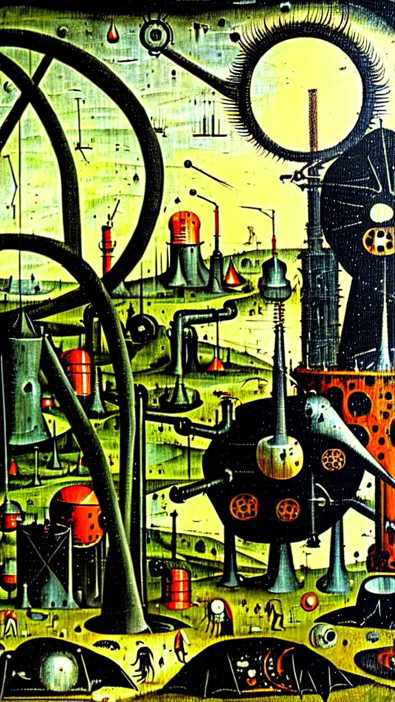 Image similar to a scifi illustration, dark and gothic Hieronymous Bosch machinery factory polluting the land and blocking the sun oil on canvas with mechanical frame