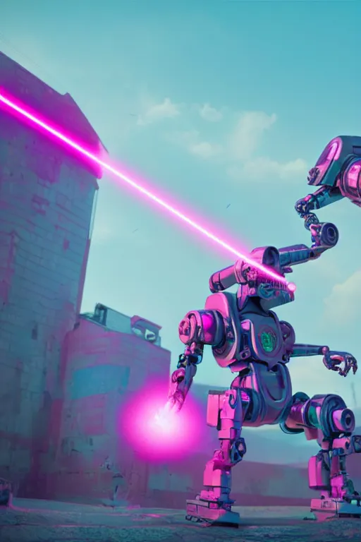 Prompt: One large cyborg shooting a pink laser at a cyborg unicorn, epic, ultra hd, Painting By Simon Stalenhag, unreal 5, DAZ, hyperrealistic, octane render, dynamic lighting, intricate detail, summer vibrancy, cinematic