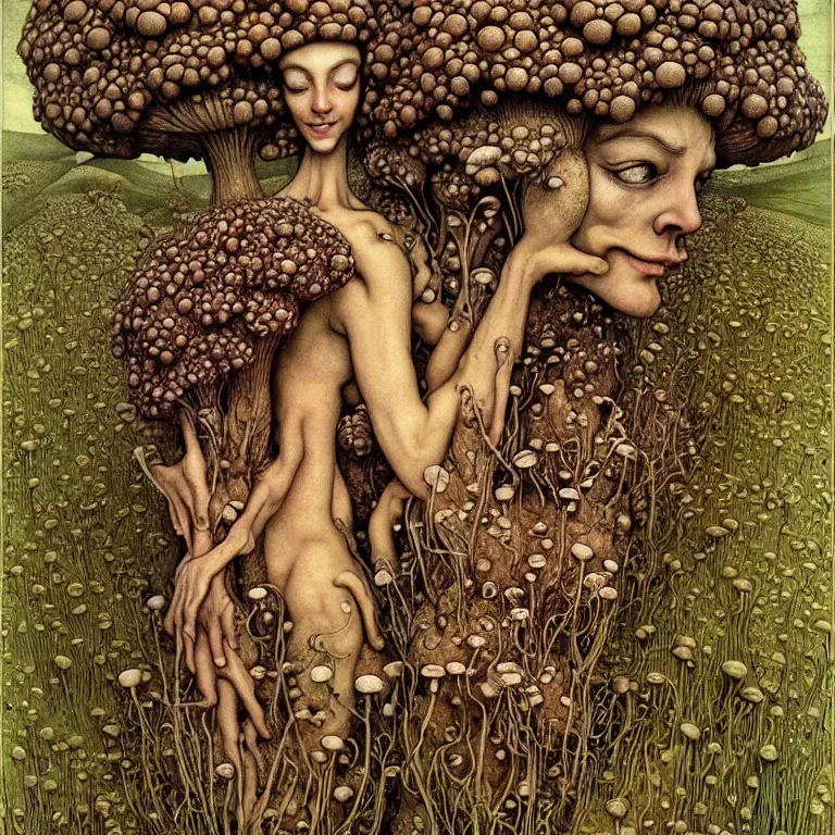 Image similar to A funguswoman stands among the mushroom hills. Lush mold. Wearing a fungus and mushroom. Perfect faces, symmetrical faces, symmetrical features, coherent faces, extremely high detailed, fine details, realistic, fantasy art, solo, masterpiece, art by Zdzisław Beksiński, Arthur Rackham, Dariusz Zawadzki, Edward Robert Hughes, Eugene de Blaas, Frederic Leighton