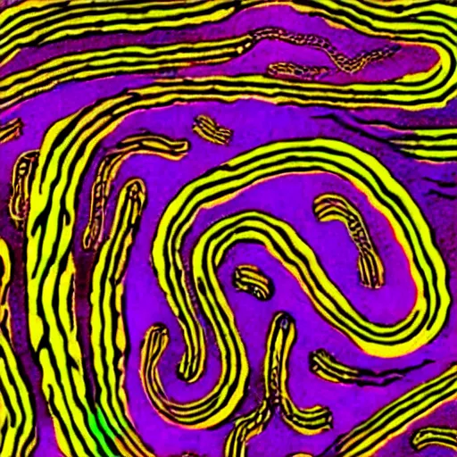 Prompt: nematode worms find a plant cell, microscopy, microscope, trippy, Alex Grey, colour halftone, science, scientific, journal