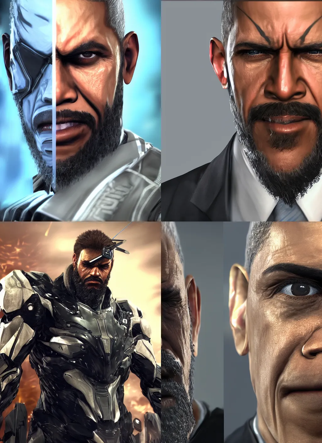 Prompt: bearded barack obama in metal gear rising revengeance, metal gear rising, metal gear, barack obama, octane render, 8 k, realistic face, ray tracing, ps 5, subsurface scattering, realistically proportioned head, realistically proportioned face