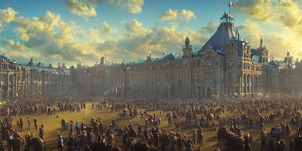 Image similar to a grand victorian parade ground, blue sky, sunny, detailed, volumetric, cinematic lighting, realistic, digital art by greg rukowski